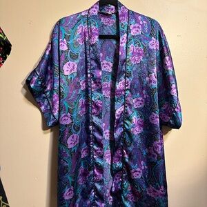 Vintage Purple Paisley Floral Satin Kimono Robe Duster